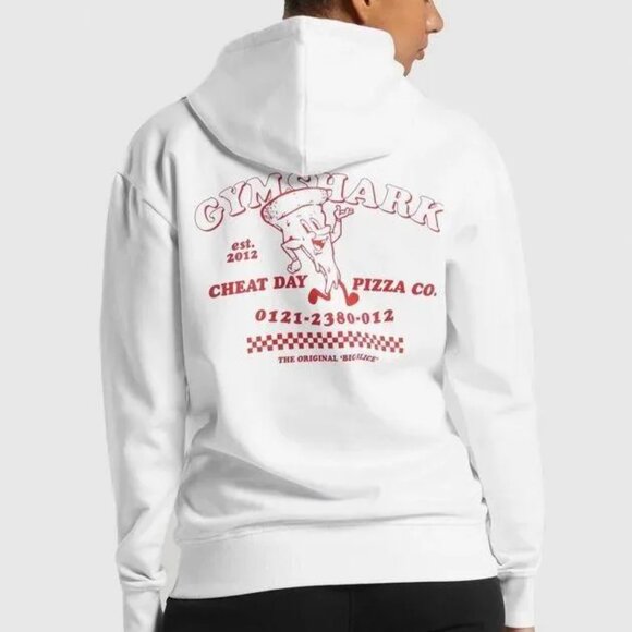 Gymshark Tops - Gymshark White Hoodie Cheat Day Pizza Co Sweatshirt Medium - RARE - Worn 1 Time